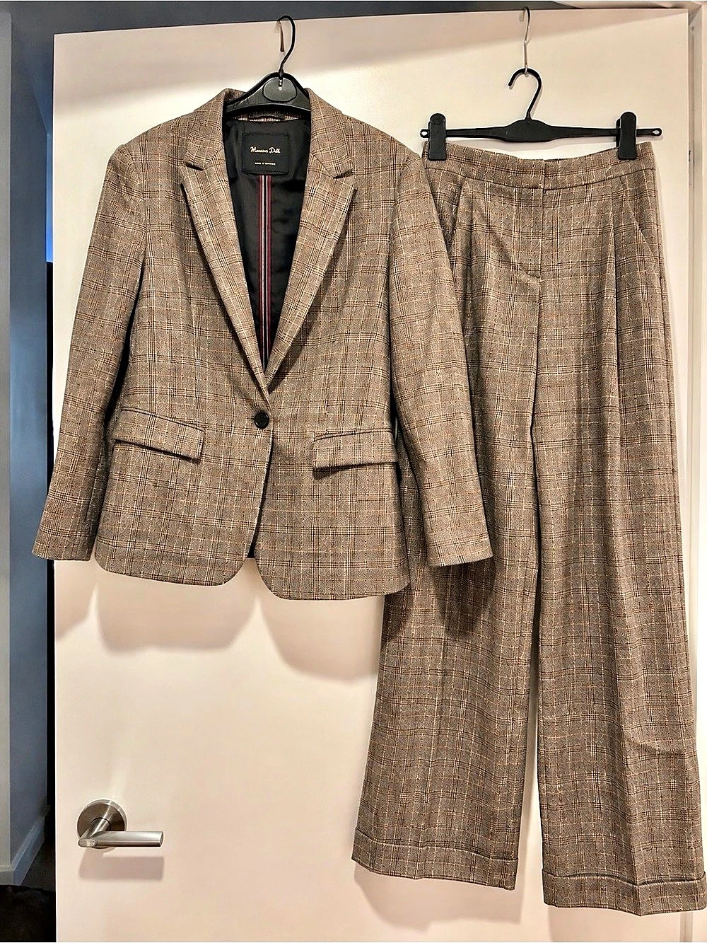 Massimo Dutti Wool Check Suit Blazer and Trousers Brown